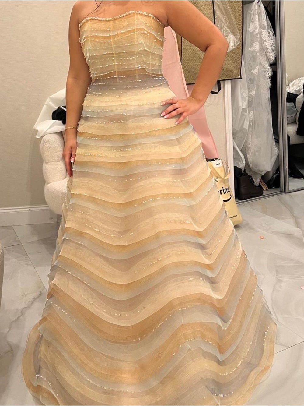 Strapless A-line Pastel Wave-Effect Evening Gown - Picture 5 of 6